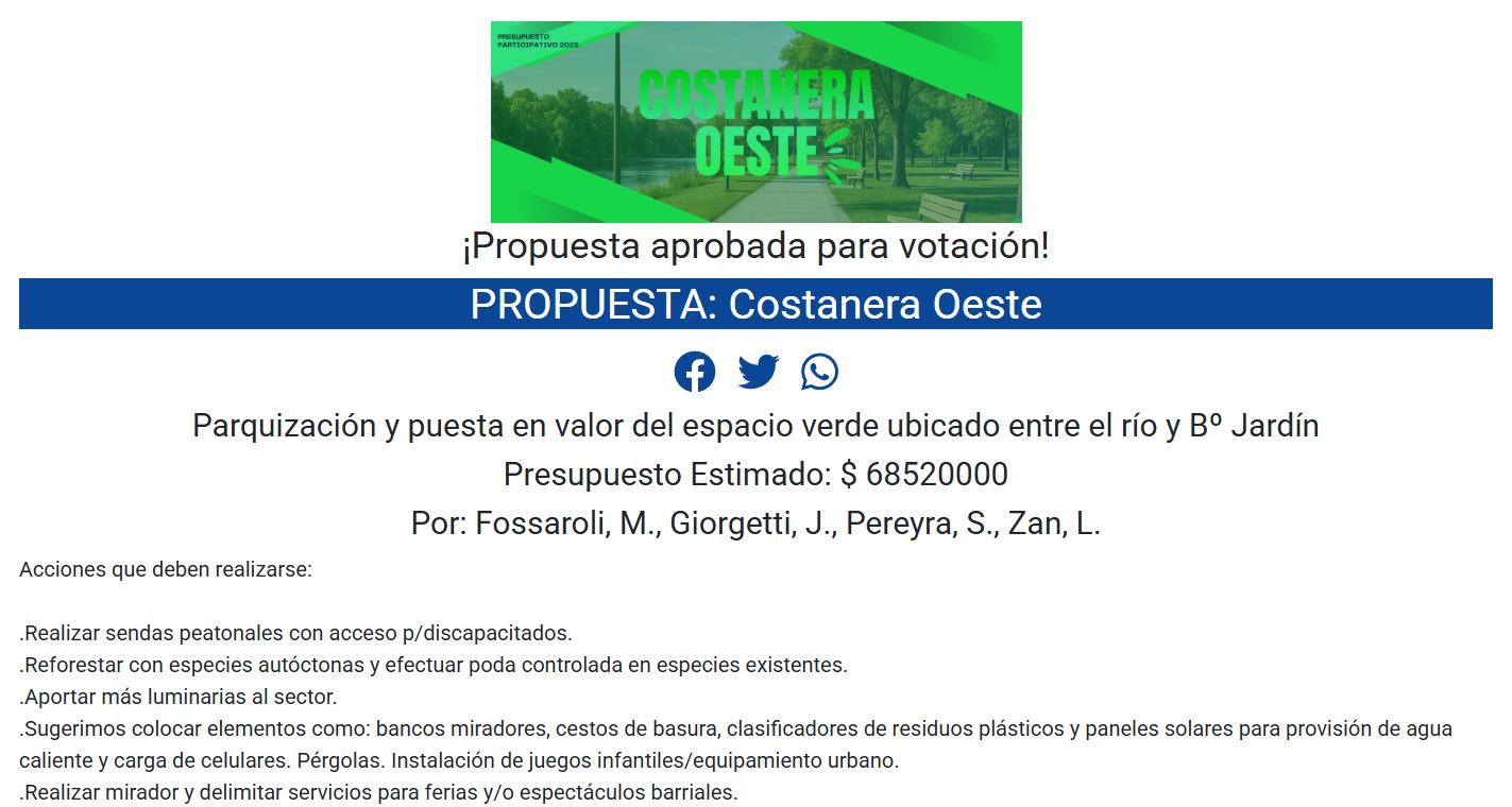 Presupuesto Participativo 2025: proyecto “Costanera Oeste”